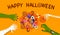 Happy Halloween banner vector illustration, four monster hands with sweet candy lollipop dessert in pumpkin basket