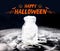 Happy halloween with bat fly in smoke in glass bottle on black b