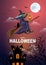 Happy Halloween. black cat and a witch flying in the sky on a broom. vector illustration design