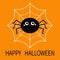 Happy Halloween. Black round spider sitting on the web. Funny insect. Long paws. Big eyes. Cute cartoon kawaii baby character.