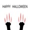 Happy Halloween. Bloody claws animal scratch scrape track. Black cat scratching paw leg foot set. Cute cartoon character silhouett