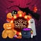 Happy Halloween, bright purple postcard with a Ghost, Jack pumpkin, balloons, garland, Teddy bear and Scarecrow