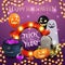 Happy Halloween, bright purple postcard with a Ghost, Jack pumpkin, balloons,tombstone, garland, witch`s cauldron and potion