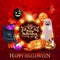 Happy Halloween, bright red postcard with a Ghost, Jack pumpkin, balloons, garland, witch`s cauldron and potion