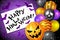Happy Halloween. Bunch of Halloween ghost balloons, bats and colorful confetti and text Happy Halloween.