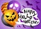 Happy Halloween. Bunch of Halloween ghost balloons, bats and text Happy Halloween. Flying bunch of shiny Halloween balloons.