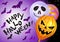 Happy Halloween. Bunch of Halloween ghost balloons, bats and text Happy Halloween. Flying bunch of shiny Halloween balloons.