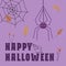 Happy Halloween card background. Promo post template design, funny spiders, web, leaves, fly agaric