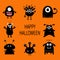 Happy Halloween card. Black monster set. Cute cartoon scary silhouette character.