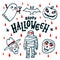 Happy Halloween card. Cartoon pumpkins, mummy, bat, ghost and skulls on white background with red blood drops. Vector