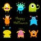 Happy Halloween card. Colorful monster big set. Cute cartoon scary character. Baby collection. Black background. . Flat de