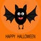 Happy Halloween card. Cute cartoon bat flying. Big moon. Animal character. Baby illustration collection. Flat design. Orange