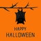 Happy Halloween card. Cute sleeping bat hanging on tree branch.