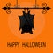 Happy Halloween card. Cute sleeping bat hanging on wrought iron. Closed wings.