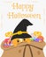 Happy Halloween Card Design, Cat Inside a Candies Sack Cartoon Vector
