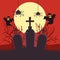 Happy halloween card with ghosts and spiders in cemetery night scene