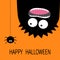 Happy Halloween card. Monster head silhouette. Two eyes, teeth, tongue. Hanging upside down. Black spider dash line. Funny Cute ca