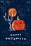 Happy Halloween card with orange pumpkin. Dark blue background.