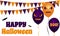 Happy Halloween card, poster or banner with Halloween ghost balloons, holiday flags and bats. Scary balloons