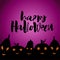 Happy Halloween card with pumpkin on violet background