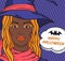 Happy Halloween card with retro african american woman witch in pop art comic style, vector witch in hat and scarf