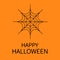 Happy Halloween card. Spider round web. Black cobweb . Decoration element. Flat design. Orange background.