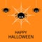 Happy Halloween card. Spider on the web. Cute cartoon baby character. Three hanging spiders. Insect set. Dash line. Cobweb white.