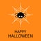 Happy Halloween card. Spider on the web. Cute cartoon baby insect character. Cobweb white. Flat design. Orange background.