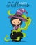 Happy Halloween card. Witch stirring a potion.