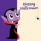 Happy Halloween. Cartoon cute Dracula vampire pointing to Halloween signboard