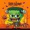 Happy Halloween. Cartoon cute zombie holding orange pumpkin lantern on creepy background