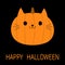 Happy Halloween. Cat pumpkin. Funny creepy smiling face. Cute cartoon kawaii baby character. Kitten kitty eyes, ears. Greeting