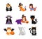 Happy Halloween - cats and dogs in monsters costumes, Halloween party. Vector illustration, banner, elements set