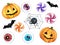 Happy Halloween collection with pumpkins, sweets and bat. Cute holiday symbols. Hand drawn watercolour painting on white