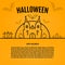 Happy halloween concept orange background with bats moon cauldron pumkin coffin graves castle church.