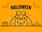 Happy halloween concept orange background with bats moon cauldron pumkin coffin graves castle church.