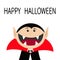 Happy Halloween. Count Dracula head face wearing black and red cape. Cute cartoon vampire character with fangs. Big mouth. Greetin