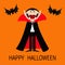 Happy Halloween. Count Dracula wearing black and red cape. Cute cartoon vampire character with big open mouth, tongue and fangs. T