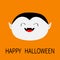 Happy Halloween. Count Dracula white head face. Cute cartoon kawaii smiling vampire character with fangs. Big mouth, tongue. Baby