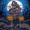 Happy Halloween cozy haunted house behind a stone wall