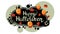 Happy Halloween, creative greeting postcard with graffiti style. Template with bubbles, autumn leafs and Halloween balloons