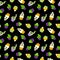 Happy Halloween cupcakes with cute holiday elements. Seamless pattern background. Monsters, ghosts, scary faces and eyes