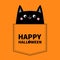 Happy Halloween. Cute black cat in the pocket. Pink cheeks. Doodle contour linear sketch. Cartoon pet animals. Kitten kitty baby c