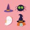 Happy halloween, cute ghost spider witch and hat trick or treat party celebration