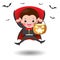 Happy Halloween. Cute Little Dracula Vampire holding pumpkin and flying bats, children in Halloween costume isolated