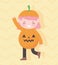 Happy halloween, cute little girl pumpkin costume character trick or treat, party celebration