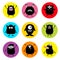 Happy Halloween. Cute monster round icon set. Black silhouette. Cartoon scary funny character. Eyes, tongue, horns, hands up. Funn