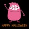 Happy Halloween. Cute pink monster icon. Cartoon colorful scary funny character. Eyes, hair, holding hands up, waving hand. Funny