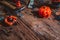 Happy Halloween day with construction DIY handy tools on rusty wooden background concept with copy space
