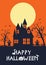 Happy Halloween Day, full moon in the night, bats flying, stars in the sky, pumpkins. vector illustration